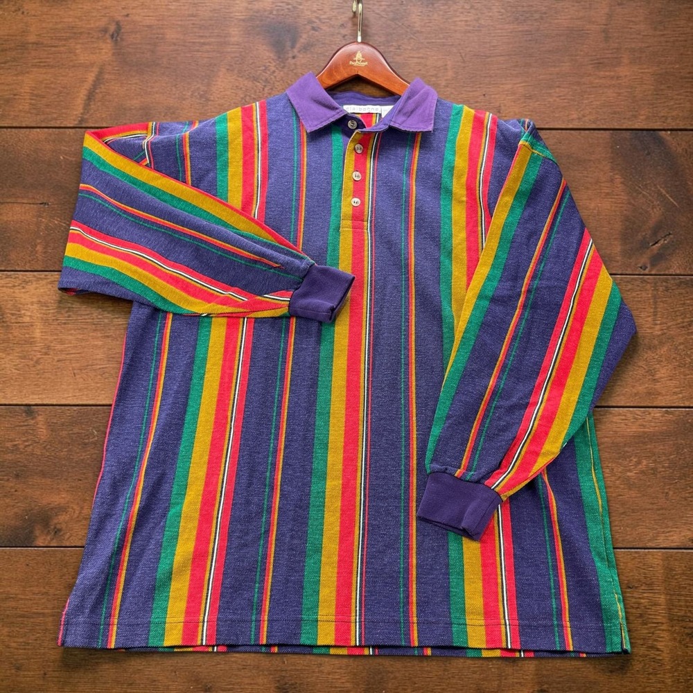 Vintage 90s Claiborne Rainbow Stripe Long Sleeve Polo Rugby Shirt Mens M Peru